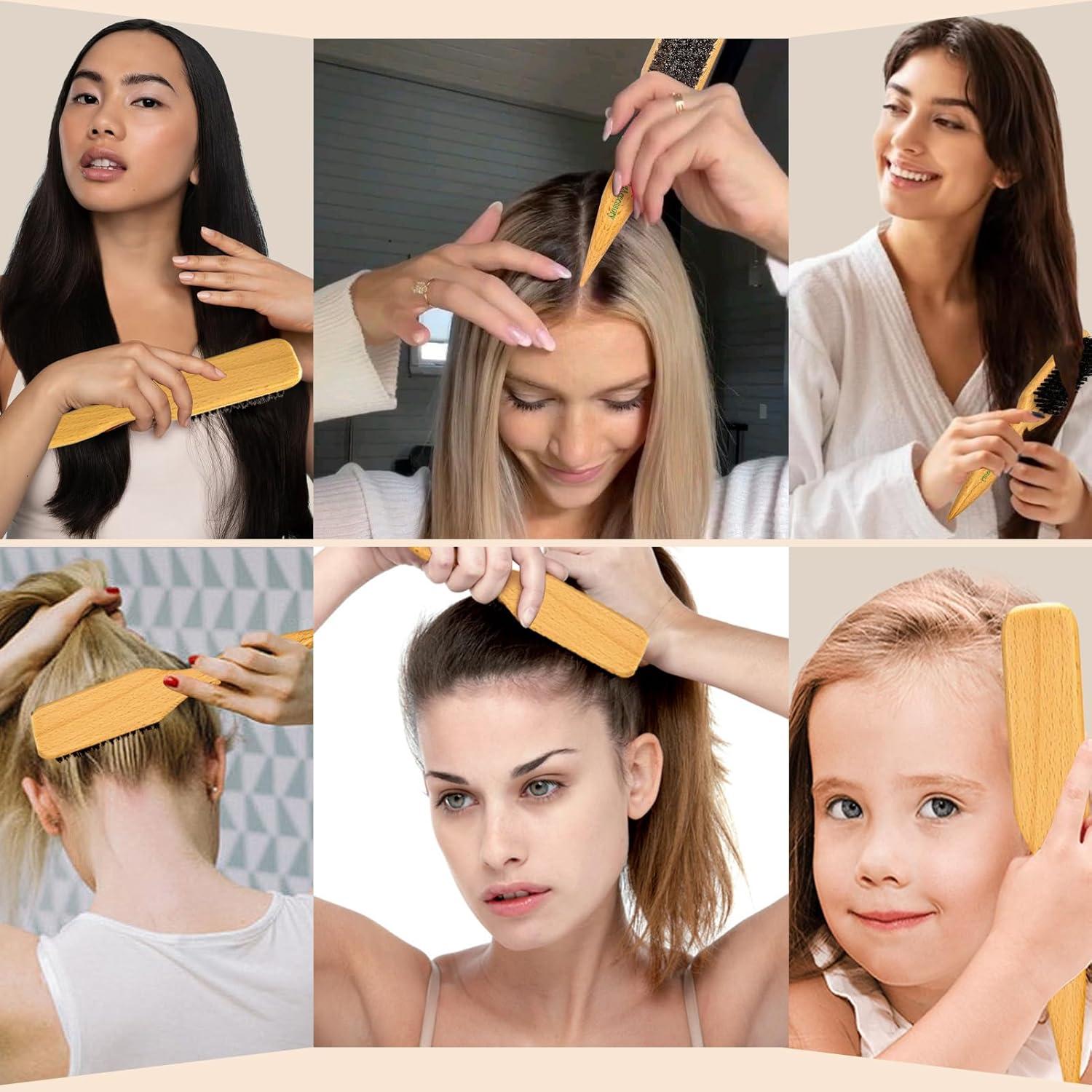 image2PCS Boar Bristle Hair Brush Slick Back Hair Brush for Sleek Ponytail Bun amp Smoothing Baby Hairs Soft Smoothing to StylePolish amp Lay Hair Down Flat Wooden Brush Teasing Hairbrush for Men Women