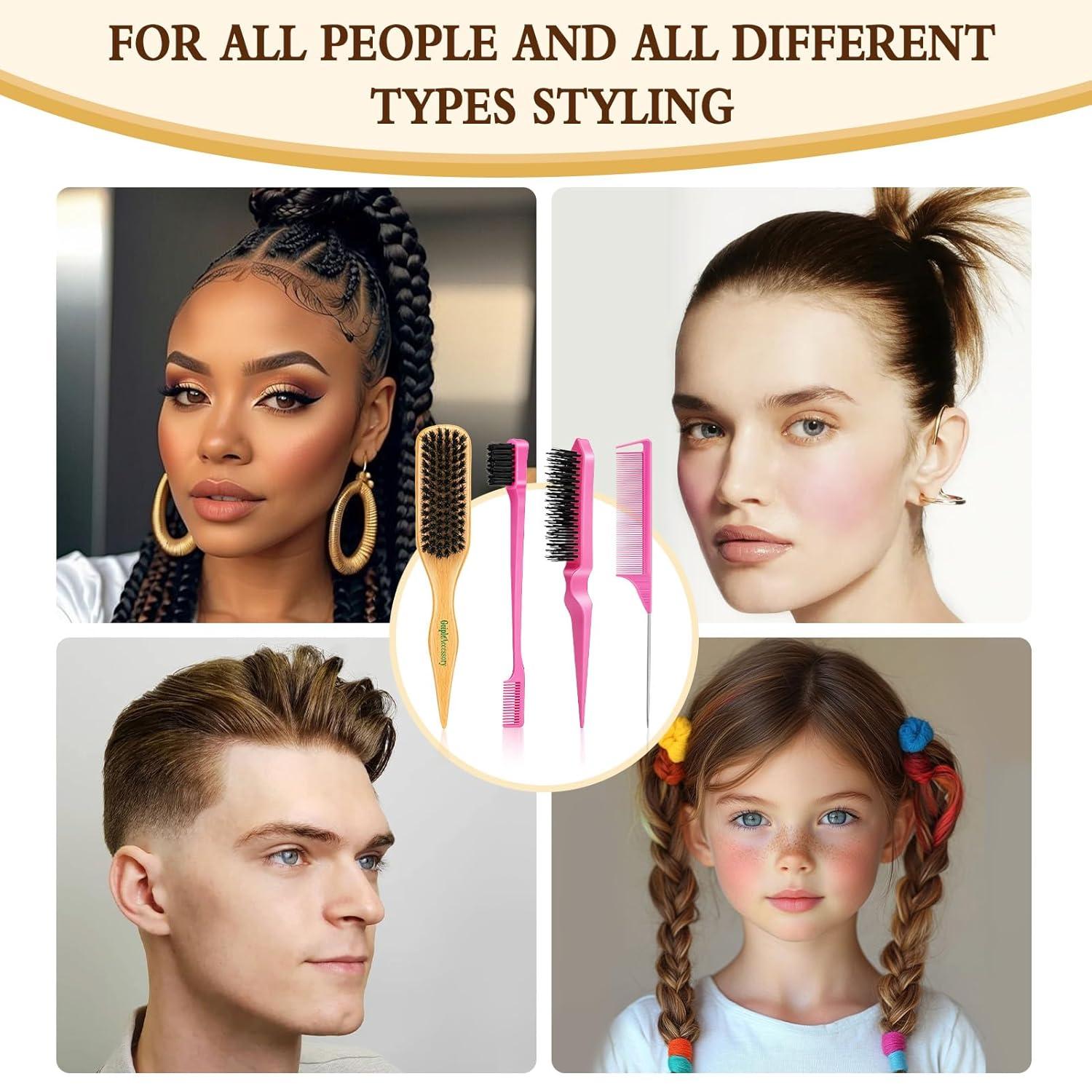 imageBoar Bristle Slick Back Hair Brush for Smooth Flyaways Frizz Sleek Ponytail Buns and Edge Baby Hair Teasing Hair Comb Edge Brush Teasing Brush Rat Tail Comb for Girls Kids Women amp Men