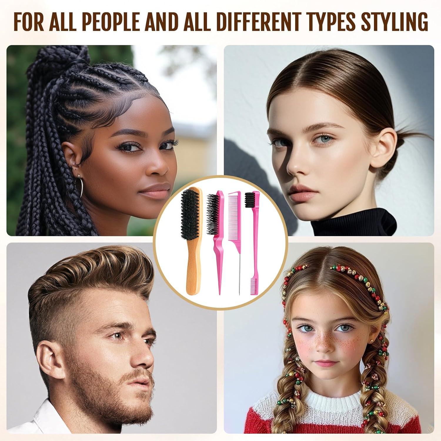 imageBoar Bristle Slick Back Hair Brush for Smooth Flyaways Frizz Sleek Ponytail Buns and Edge Baby Hair Teasing Hair Comb Edge Brush Teasing Brush Styling Accessories for Girls Kids Women amp Men