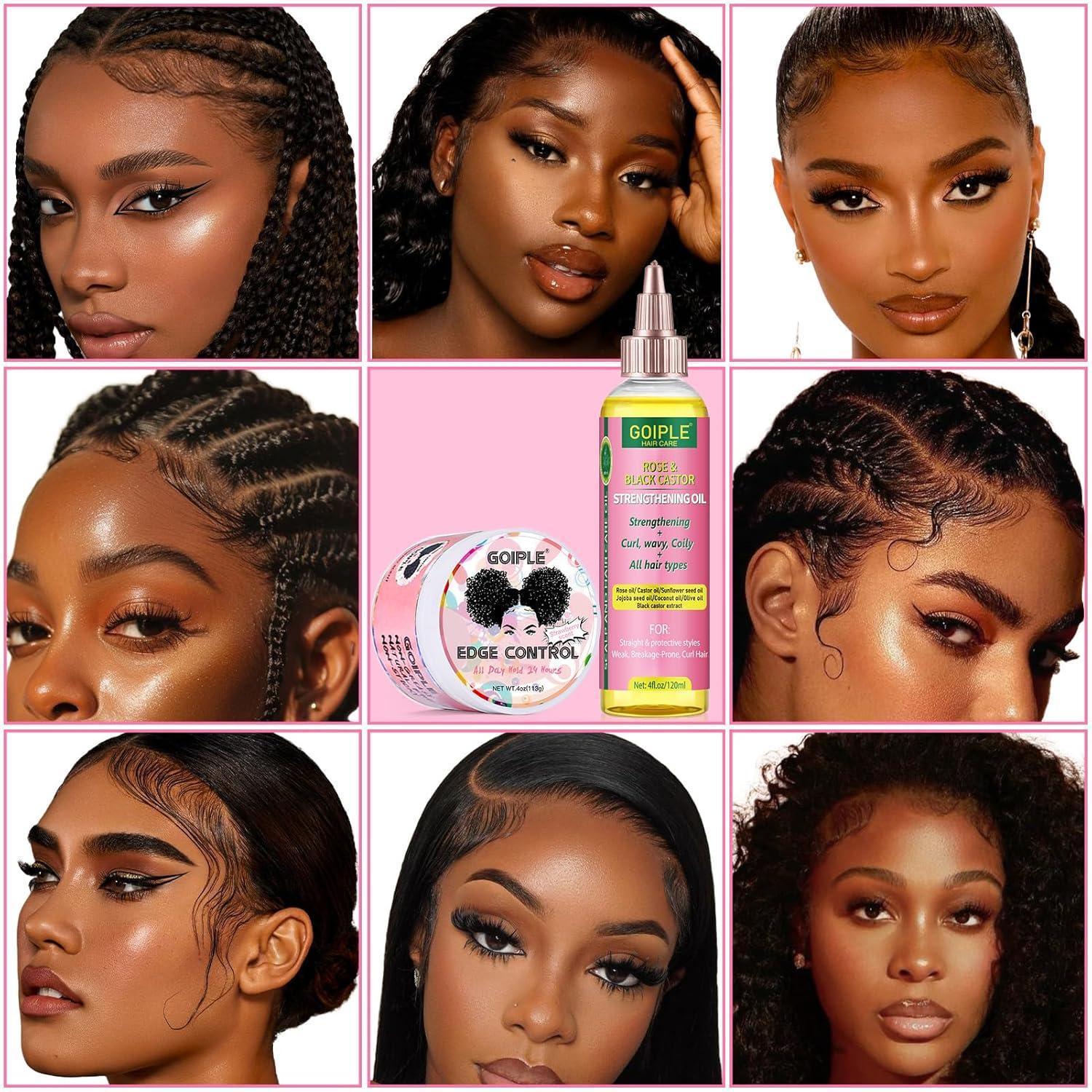 imageEdge Control Wax Strong Hold Nongreasy Hair Styling Gel Edge Wax No Flaking Edge Control for Black Hair Edge Wax for Women RoseampBlack Castor Oil for Hair Growth Edge Brush Hair Braid BonnetEdge Control Set7pcs