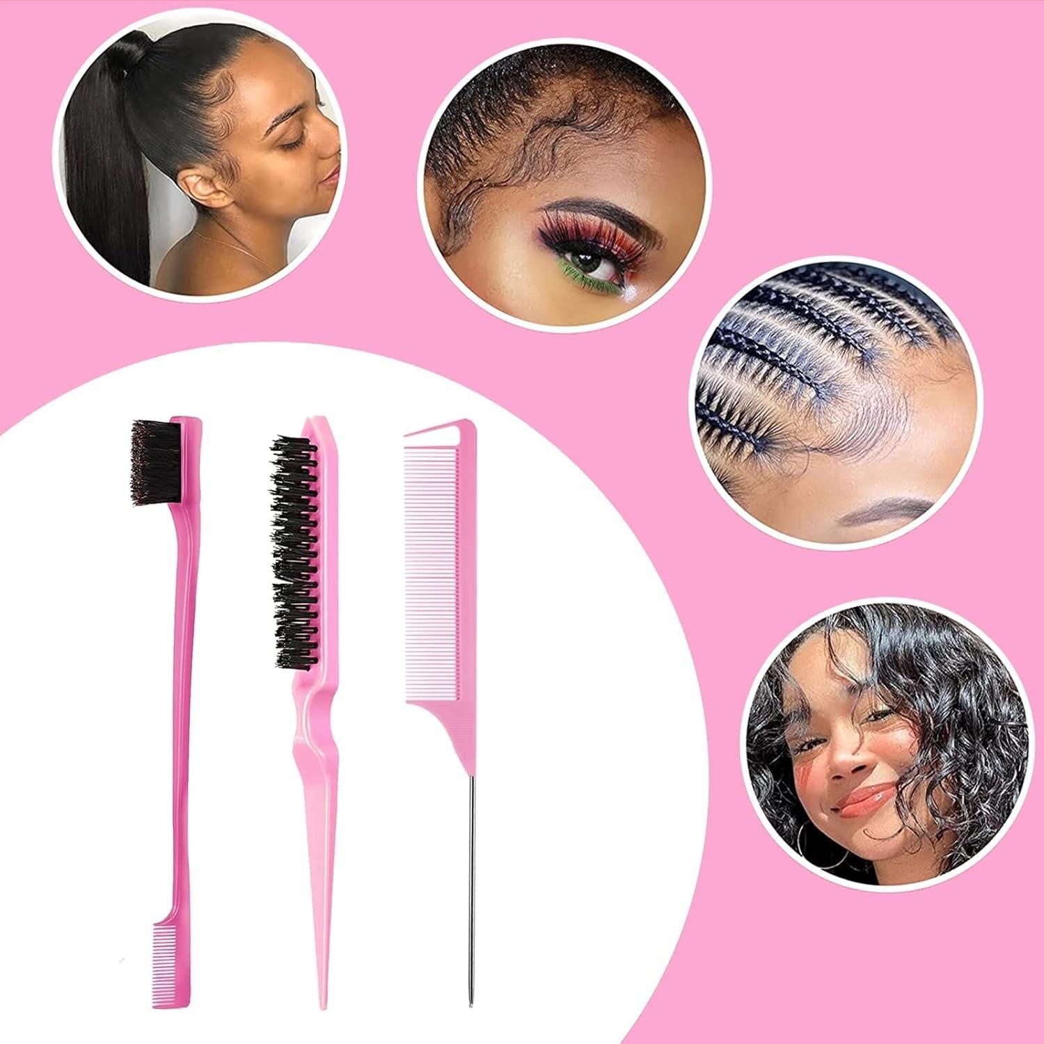 imageSlick Back Hair Brush amp Wax Stick Set for Slick Back Hair Teasing Boar Bristle Hair Brush for Sleek Control Flyaways amp Baby Hairs Wax Stick for Women Sectioning amp Smoothing Ponytail BunPink Comb Set12pcs