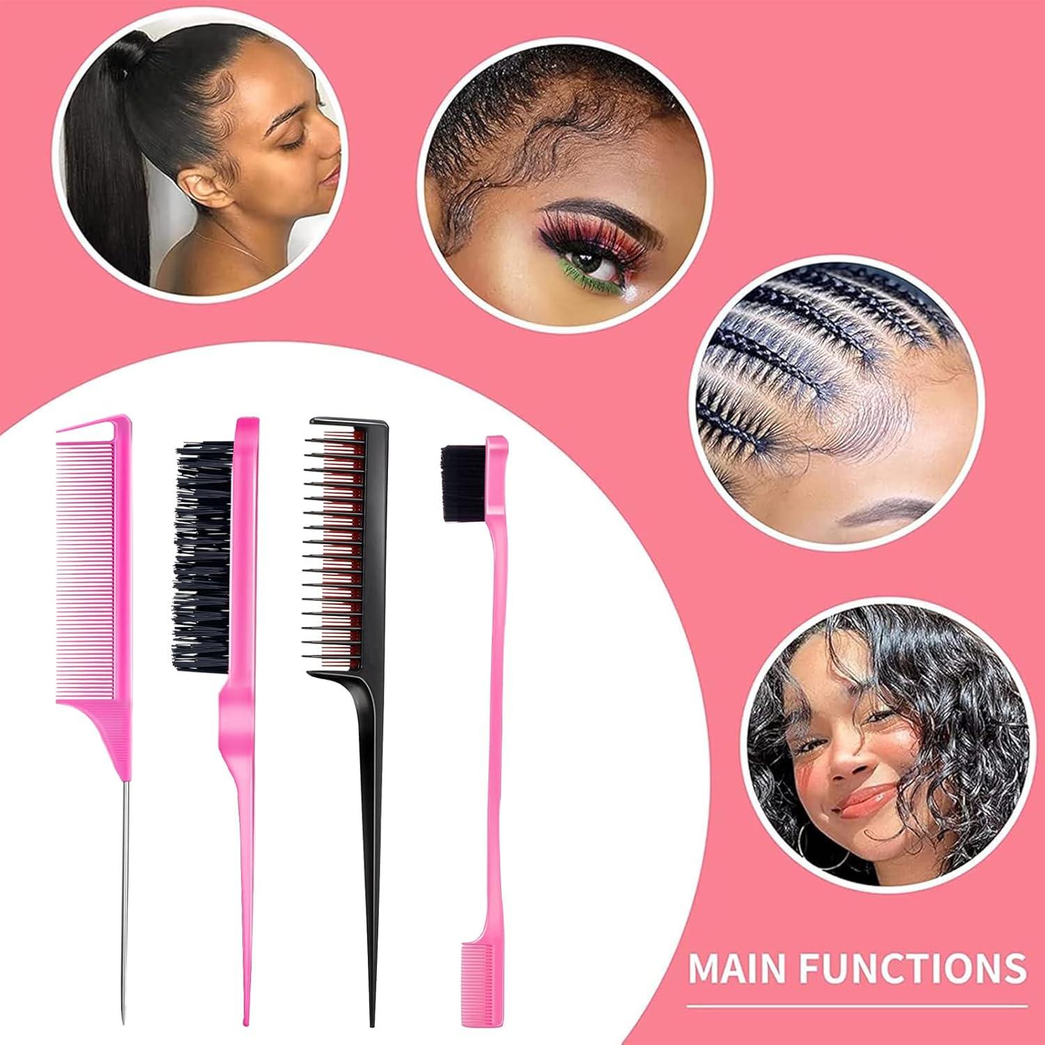 imageSlick Back Hair Brush amp Wax Stick Set for Slick Back Hair Teasing Boar Bristle Hair Brush for Sleek Control Flyaways amp Baby Hairs Wax Stick for Women Sectioning amp Smoothing Ponytail BunPinkBlack8pcs