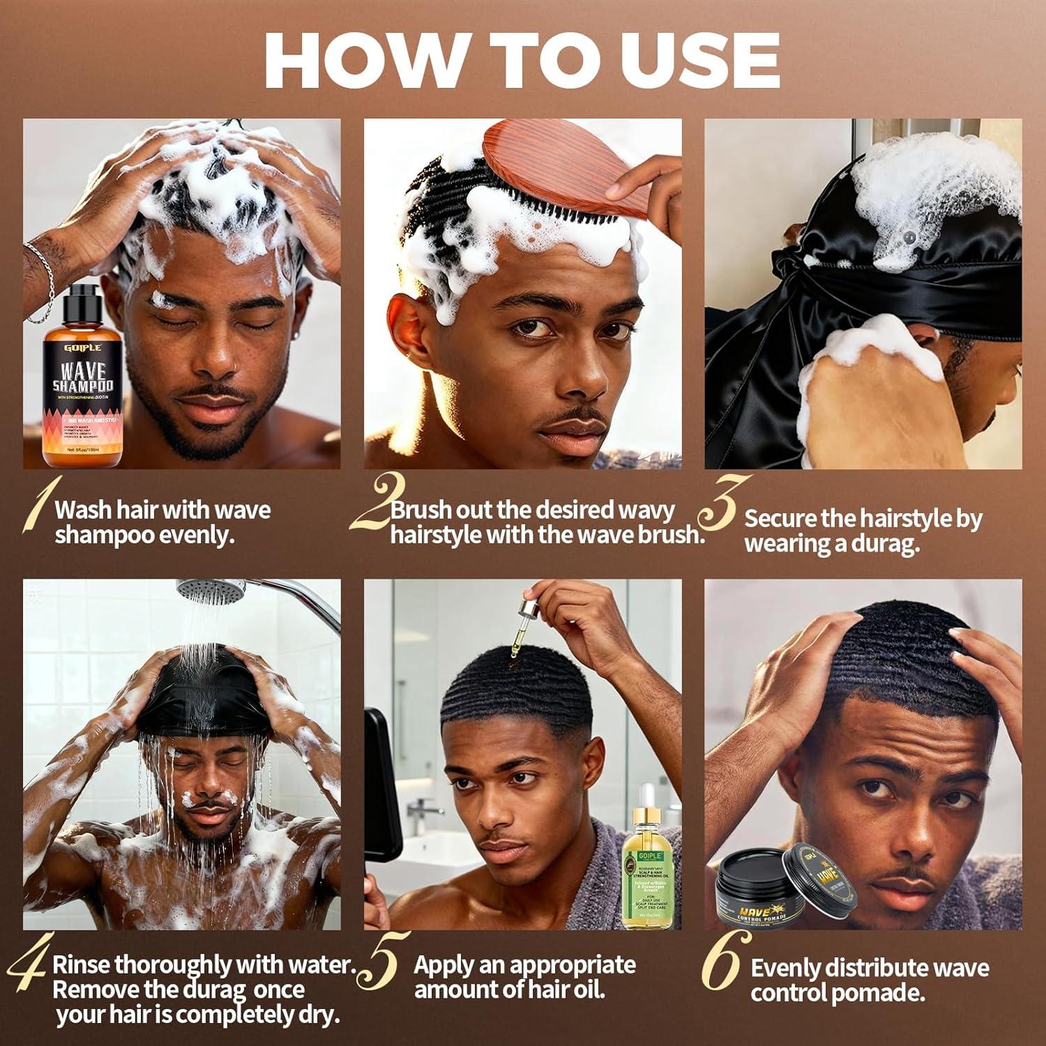 imageWave Kit for 360 Waves Wave Brush Wave Styler Great for Men Wolfing Wave 3 Wave Handle Brushes Soft Medium amp Hard Satin Durag Hand Mirror Hair Comb Hair Brush Cleaner Wave PomadeampShampoo