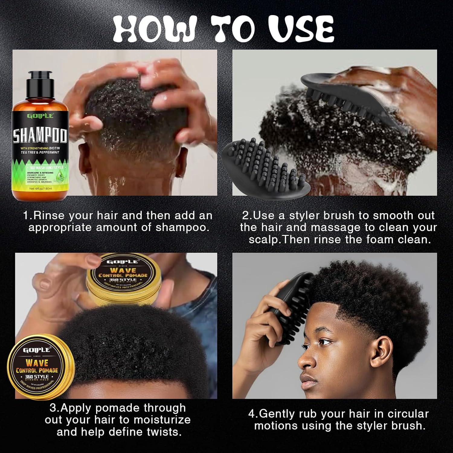 imageWave Kit for Men 360 Wave Shampoo Hydration Enhance Shampoo Wash Pomade 360Hair Greasy for Black Men Biotin Hair Growth Shampoos Strengthens Hair Promote Growth Nourishes with Waves Comb Brush