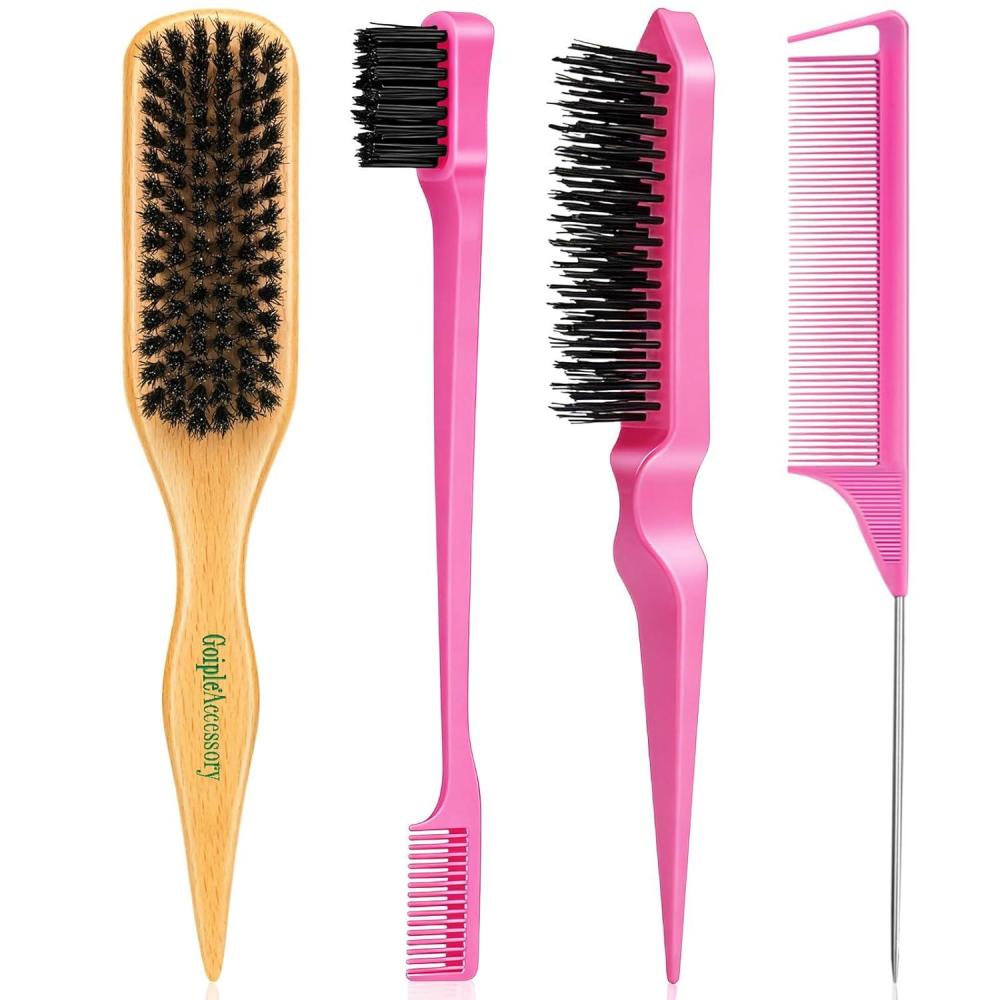 imageBoar Bristle Slick Back Hair Brush for Smooth Flyaways Frizz Sleek Ponytail Buns and Edge Baby Hair Teasing Hair Comb Edge Brush Teasing Brush Rat Tail Comb for Girls Kids Women amp Men