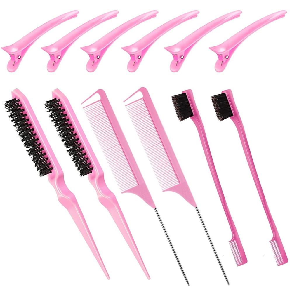 imageSlick Back Hair Brush amp Wax Stick Set for Slick Back Hair  Teasing Boar Bristle Hair Brush for Sleek Control Flyaways amp Baby Hairs  Wax Stick for Women Sectioning amp Smoothing Ponytail BunPink Comb Set12pcs