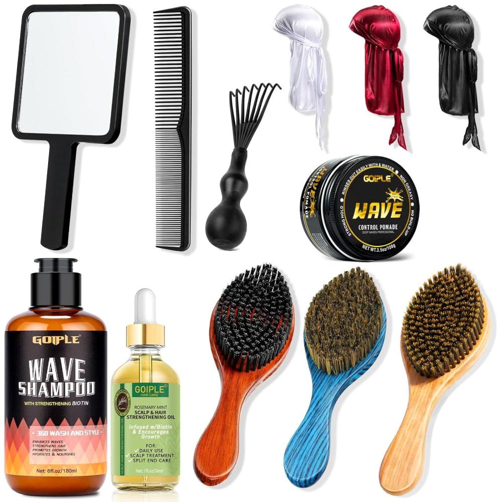 imageWave Kit for 360 Waves  Wave Brush Wave Styler Great for Men Wolfing Wave  3 Wave Handle Brushes Soft Medium amp Hard Satin Durag Hand Mirror Hair Comb Hair Brush Cleaner Wave PomadeampShampoo