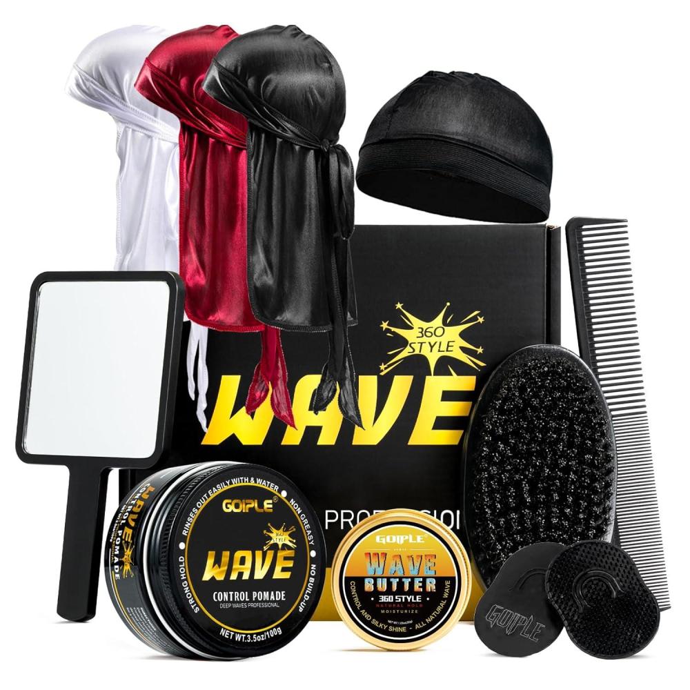 imageWave Pomade for Men Strong Hold Easy Wash Hair Cream Grease Promotes Layered Waves Moisture Shine Brush and Durag Cap Set