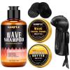Goiple 360 Wave Shampoo Wave Pomade Strong Hold 360 Training Hair Cream, Wave Butter for Men Pocket Palm Brush Curved Brush Silky Durags for Men Extra Long Tails Wave Brush Wave Cap Set