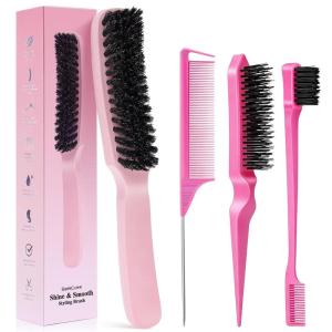 Boar Bristle Slick Back Hair Brush for Smooth Flyaways, Frizz, Sleek Ponytail, Buns and Edge Baby Hair | Hair Comb, Edge Brush, Teasing Brush Styling Accessories for Girls, Kids, Women & Men