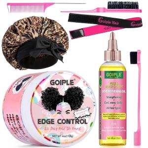 Edge Control Wax Strong Hold Non-greasy Hair Styling Gel – Edge Wax No Flaking Edge Control for Black Hair Edge Wax for Women Rose&Black Castor Oil for Hair Growth Edge Brush Hair Braid Bonnet(edge control & black castor oil-7pcs)
