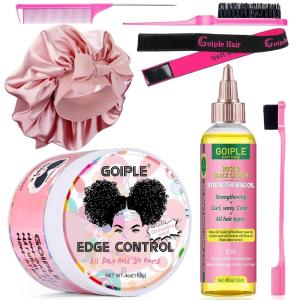 Edge Control Wax Strong Hold Non-greasy Hair Styling Gel – Edge Wax No Flaking Edge Control for Black Hair Edge Wax for Women Rose&Black Castor Oil for Hair Growth Edge Brush Hair Braid Bonnet(Edge Control Set-7pcs)