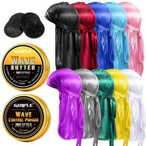 Natural Wave Pomade for Men Strong Hold, Easy Wash 360 Wave Training Hair Cream, Waves Grease for Men Promotes Layered Waves, Moisture, Control and Silky Shine 4oz(poamde&butter&durags-14pcs)