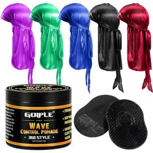 Natural Wave Pomade for Men Strong Hold, Easy Wash 360 Wave Training Hair Cream, Waves Grease for Men Promotes Layered Waves, Moisture, Control and Silky Shine 4oz(4oz wave poamde&durags 8pcs)