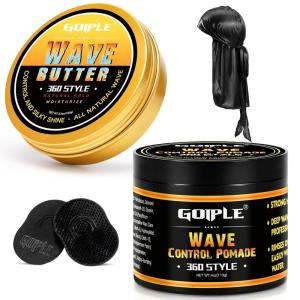 Natural Wave Pomade for Men Strong Hold, Easy Wash 360 Wave Training Hair Cream, Waves Grease for Men Promotes Layered Waves, Moisture, Control and Silky Shine 4oz(wave pomade&butter-5pcs)