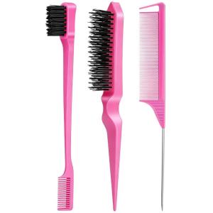 Slick Back Hair Brush & Wax Stick Set for Slick Back Hair – Teasing Boar Bristle Hair Brush for Sleek, Control, Flyaways & Baby Hairs – Wax Stick for Women Sectioning & Smoothing Ponytail Bun(Pink)