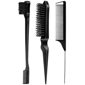 Slick Back Hair Brush & Wax Stick Set for Slick Back Hair – Teasing Boar Bristle Hair Brush for Sleek, Control, Flyaways & Baby Hairs – Wax Stick for Women Sectioning & Smoothing Ponytail Bun(Black)