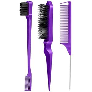Slick Back Hair Brush & Wax Stick Set for Slick Back Hair – Teasing Boar Bristle Hair Brush for Sleek, Control, Flyaways & Baby Hairs – Wax Stick for Women Sectioning & Smoothing Ponytail Bun(Purple)