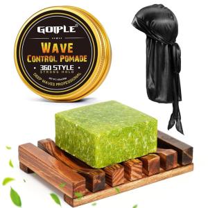Wave Pomade Soap Shampoo Bar & Wooden Holder for Men – 360 Wave Greasy Strong Hold Easy Wash 360 Training Hair Cream – Waves Silky Satin Durag Extra Long Tails Waves Cap Waves Kit for Black Hair