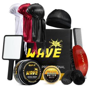 Wave Pomade for Men – Strong Hold, Easy Wash, Promotes Layered Waves, Moisture, Silky Shine, Hair Cream, Grease, Brush, Durag, Cap Set (Red)(Unscented)