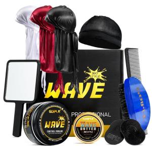 Wave Pomade for Men Strong Hold Easy Wash 360 Wave Training Hair Cream, Waves Grease for Men Promotes Layered Waves, Moisture, Silky Shine, Wave Pomade Wave Brushe Silky Durag Wave Cap Set (Blue)