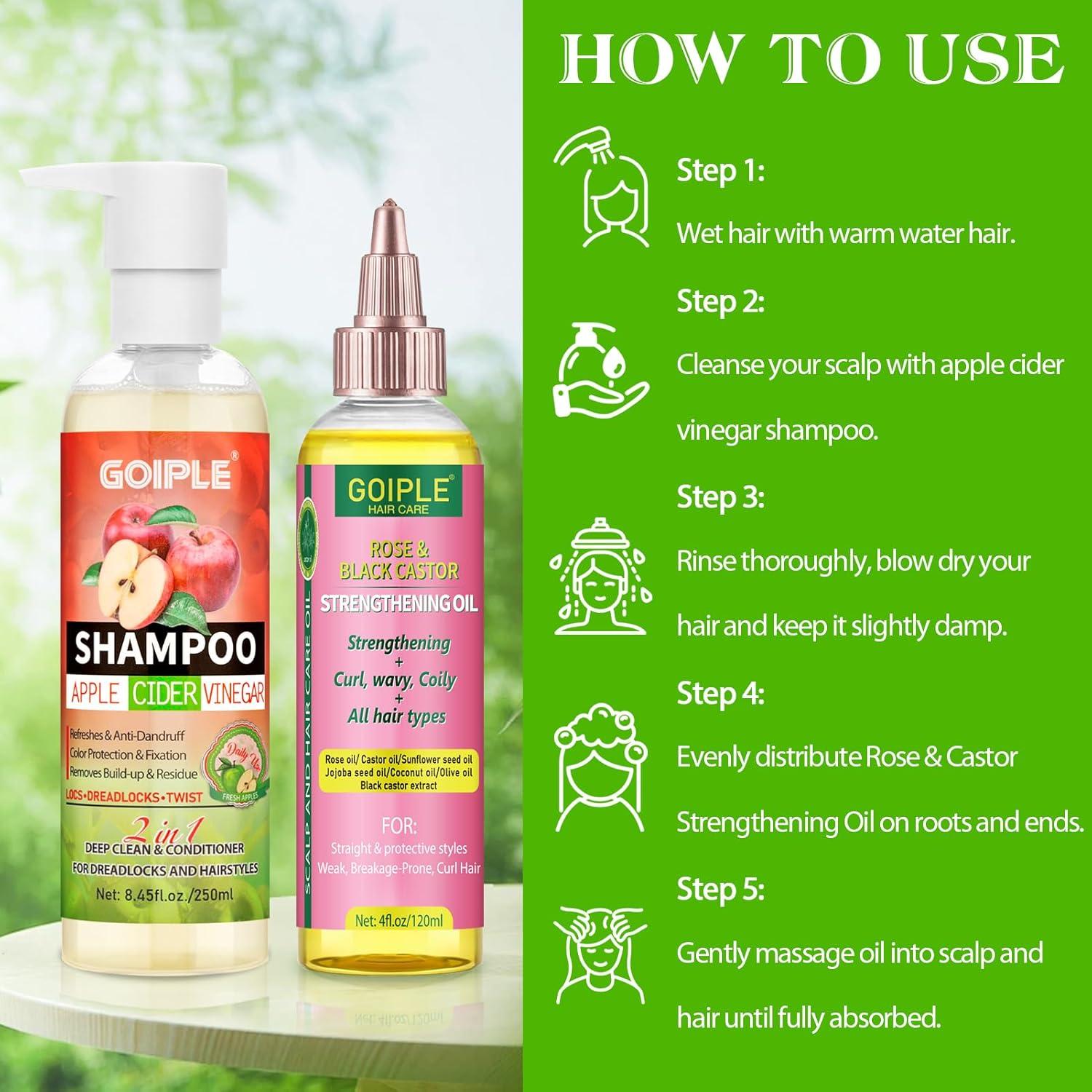 image2 in 1 Deep Clean amp Conditioner Apple Cider Vinegar Shampoo Rose amp Castor Hair Oil for Hair Growth Strengthening Hair Oil Braid Shampoo Hair Growt Oil Set For Dreadlocks Locs Twist All Hair Typesshampoocastor oil2pcs