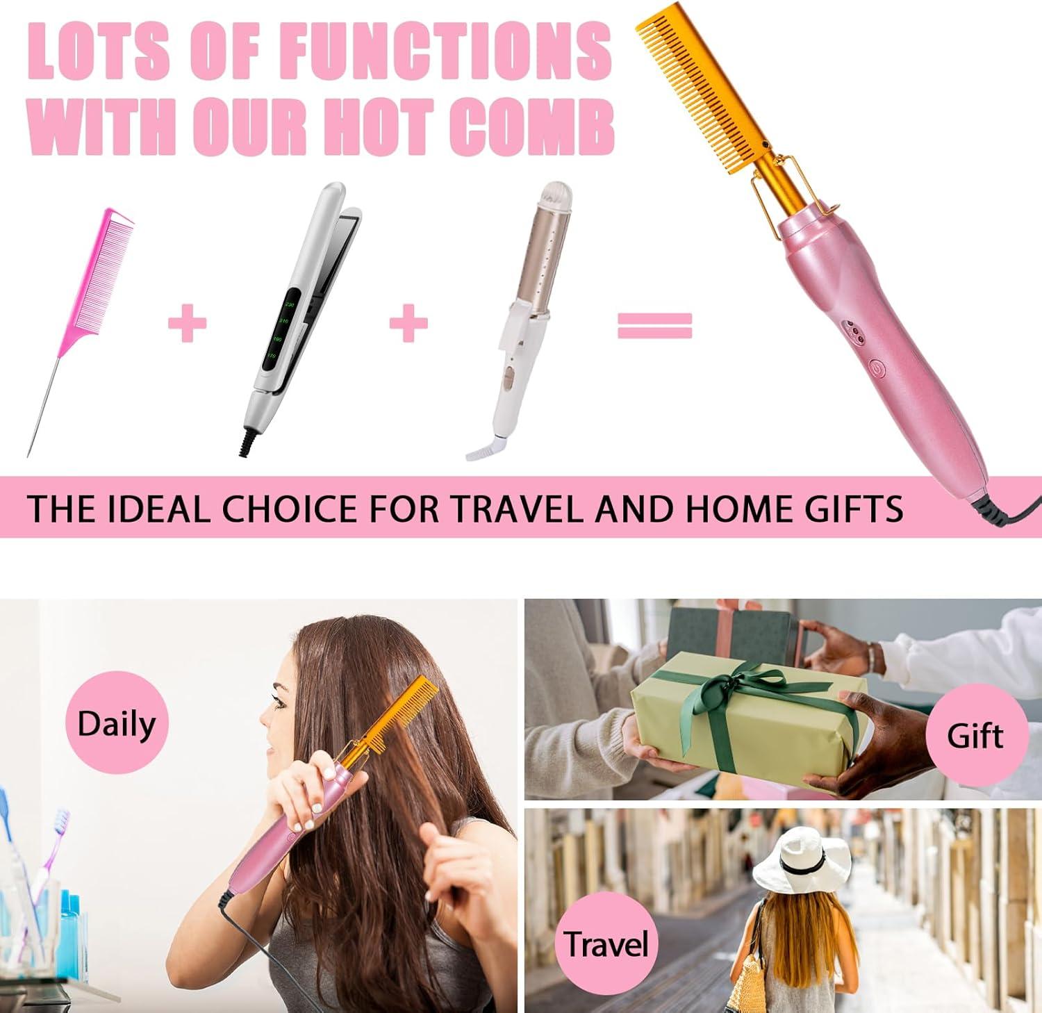 imageElectric Hot Comb Hair Straightener Heat Pressing Combs Ceramic Curling Flat Iron Curler Hot Comb Electric for Wigs Electrical Straightening Comb Curling Iron for Natural Hair with AntiScald Case
