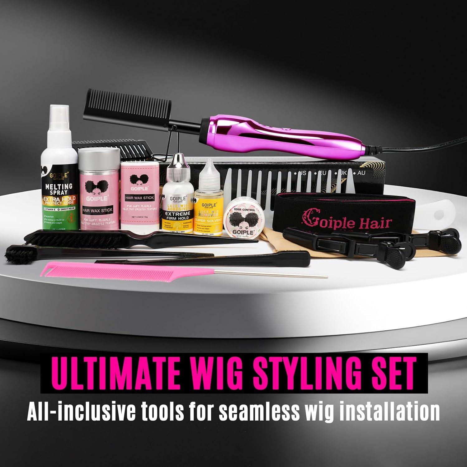 imageHot Comb Hair Straightener Set for Lace Front Wigs Heat Pressing Combs Ceramic Curling Flat Iron Electric Hot Comb for Wigs Hair Straighteners Straightening Comb for Women Wig Installation KitRose Red