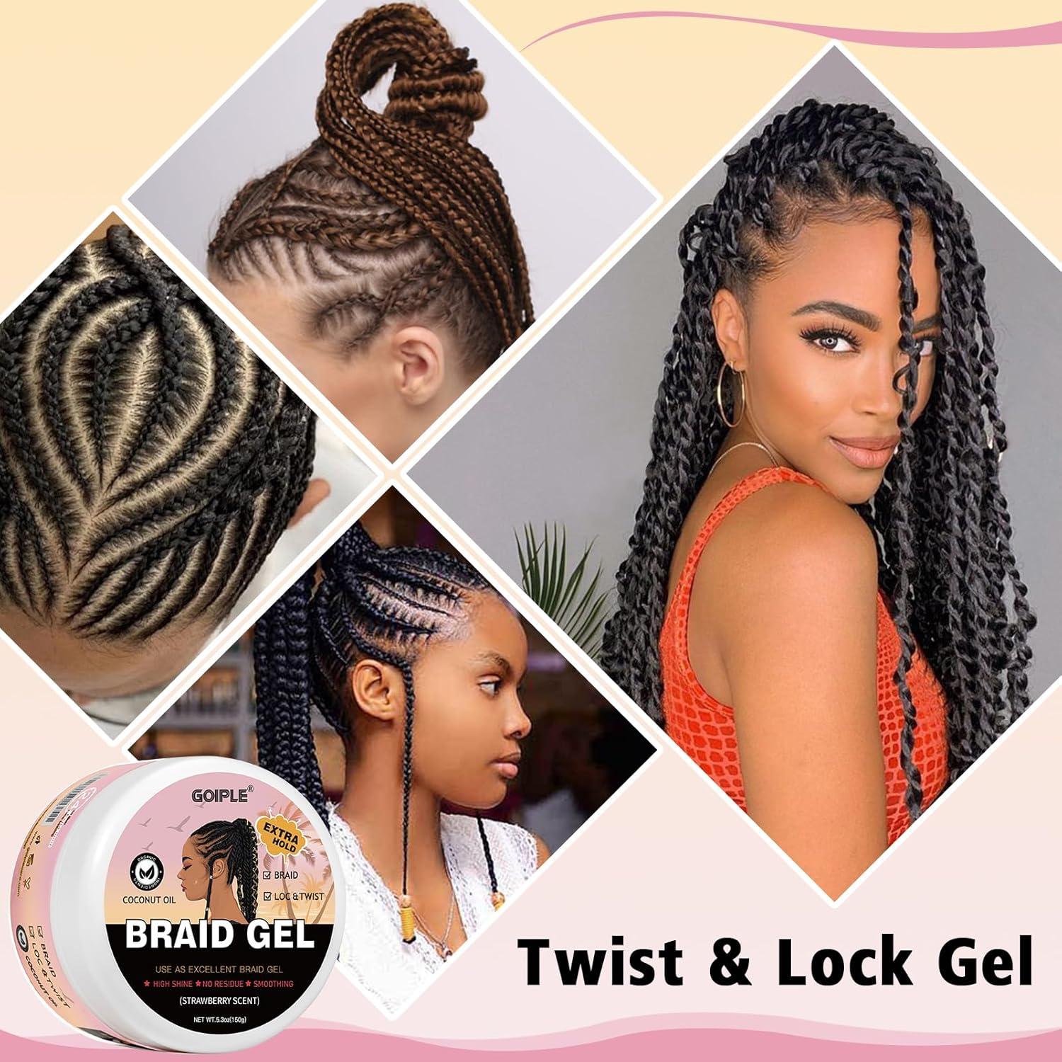 imageStrong Hold Extra Hold Braiding Gel amp Edge Tamer Tames Frizz Smoothing Mousse for Twists Locs Braids Cornrows with Hair Oil Hair Combs Bonnet and Clipsstrawberry14pcs