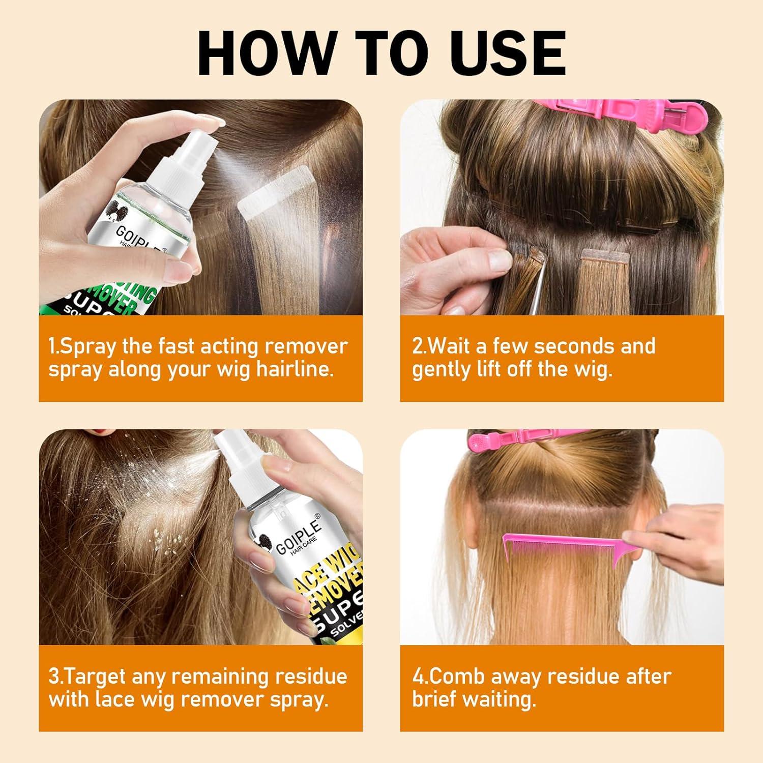 imageTape in Extension Hair Glue Remover Spray Wig Extensions Fast Acting Two Steps System Remover Tape in Hair Extensions Removes Wig Glue amp Tape amp Residue Hair Comb Rat Tail Comb Hair Clips Set