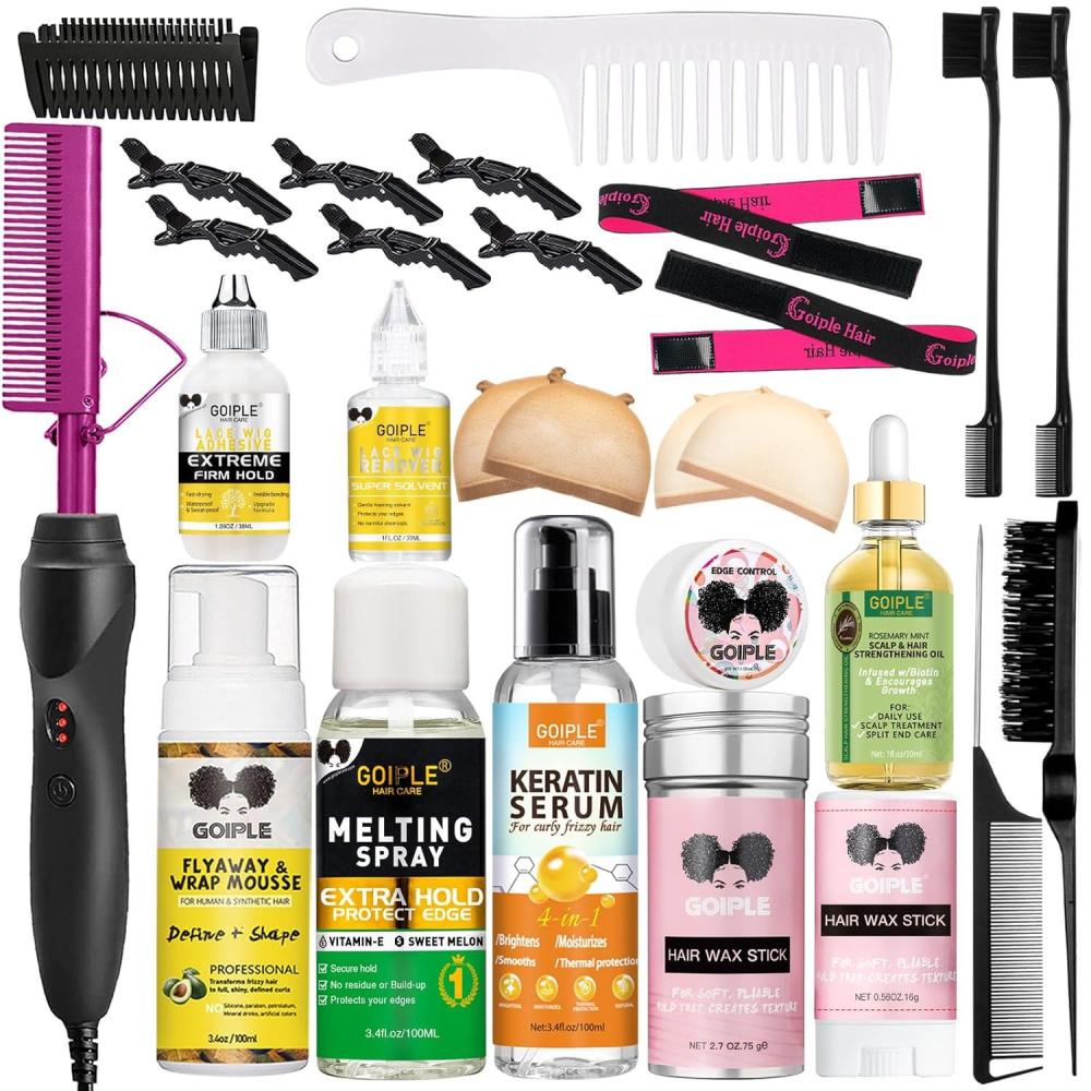 imageGoiple Electric Hot Comb Pink Hair Straightener Electrical Straightening Comb Curling Iron for Natural Black Hair Wigs with Wide ToothRat Tail Comb Wax Stick Wig Cap Edge Band Hair ClipsHot Comb28pcs