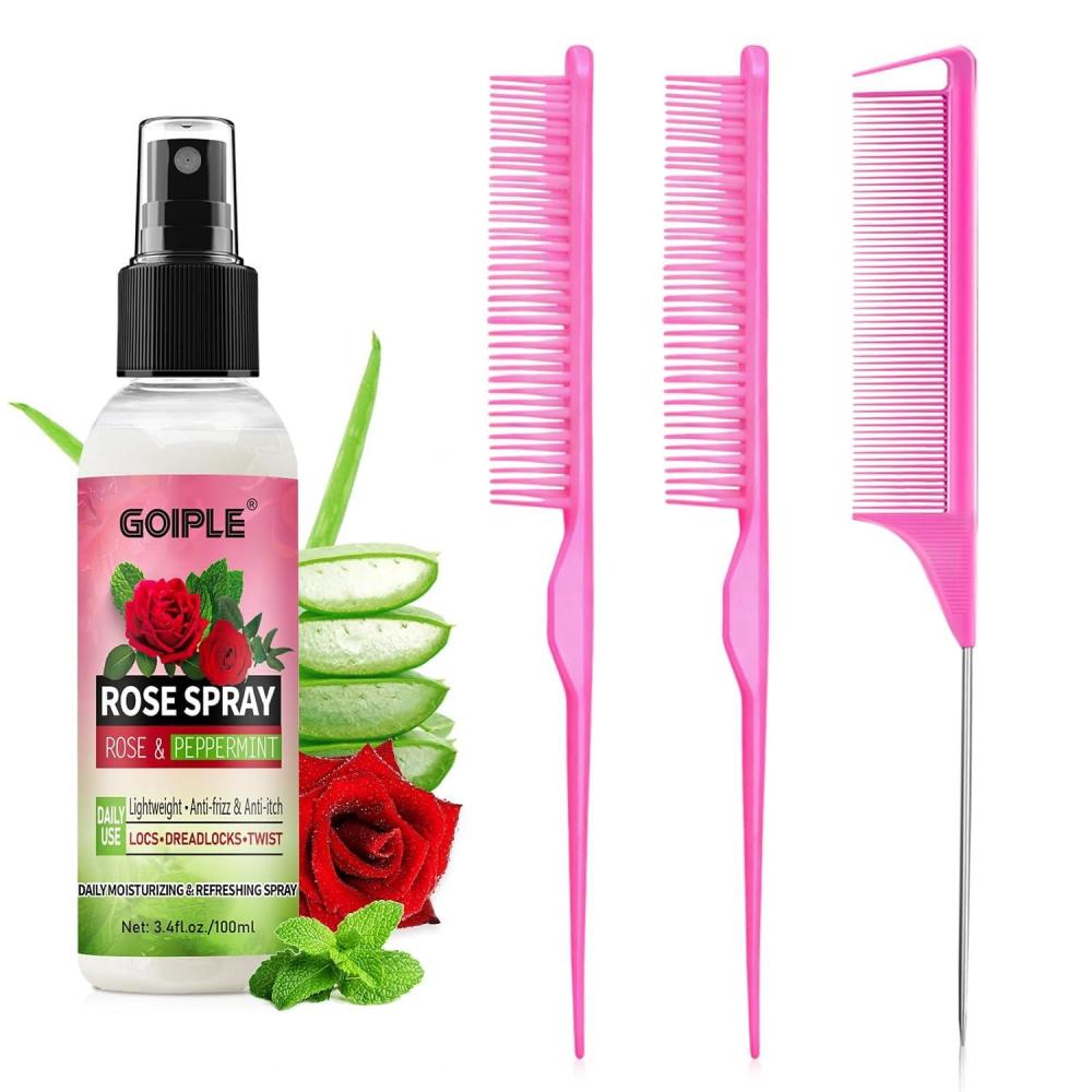 imageHair Comb for Detangling Defining amp Separating Curls Rat Tail Comb 3 Row Unbraider Detangler Brush For Braids Rose Water Spray To Moisturize amp Soften Braids Styling Combs for All Hair Typespink