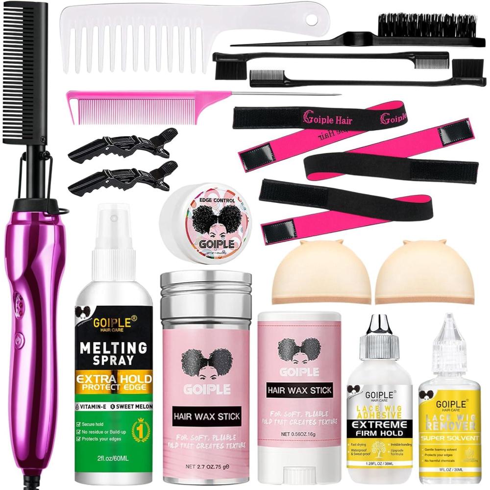imageHot Comb Hair Straightener Set for Lace Front Wigs  Heat Pressing Combs Ceramic Curling Flat Iron Electric Hot Comb for Wigs  Hair Straighteners Straightening Comb for Women Wig Installation KitRose Red