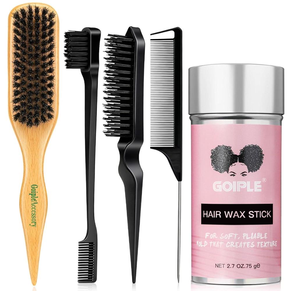 imageSlick Back Hair Brush Set Teasing Boar Bristle Brush Hair Wax Stick Edge Brushes Rat Tail Comb Teasing Comb Wooden Slickback Hairbrush Accessories Smoothing Combs for Women amp Kids 5PCS