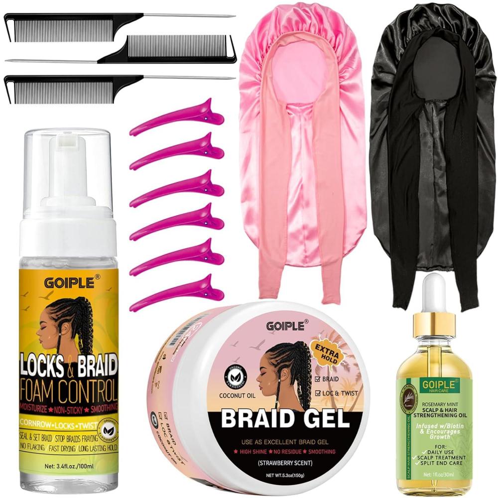 imageStrong Hold Extra Hold Braiding Gel amp Edge Tamer Tames Frizz Smoothing Mousse for Twists Locs Braids Cornrows with Hair Oil Hair Combs Bonnet and Clipsstrawberry14pcs