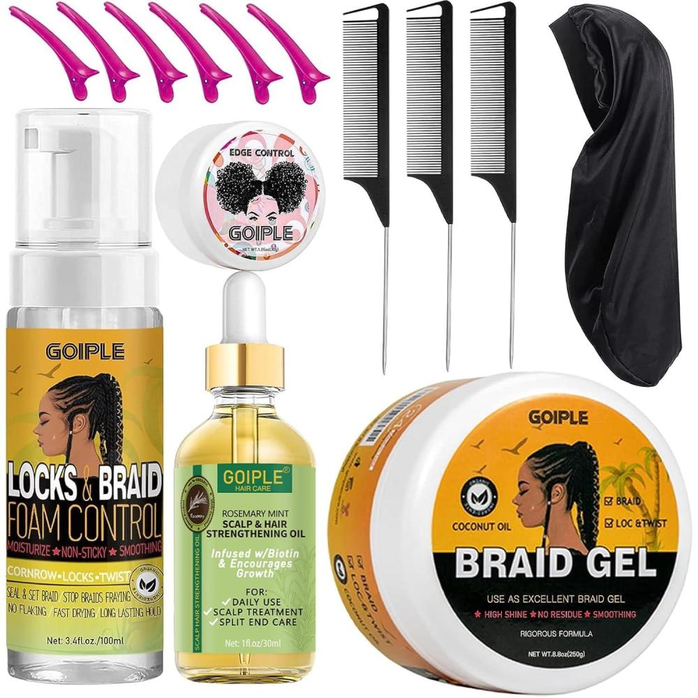 imageStrong Hold Extra Hold Braiding Gel amp Edge Tamer  Tames Frizz Smoothing Mousse for Twists Locs Braids Cornrows with Hair Oil Hair Combs Bonnet and Clipspineapple14pcs