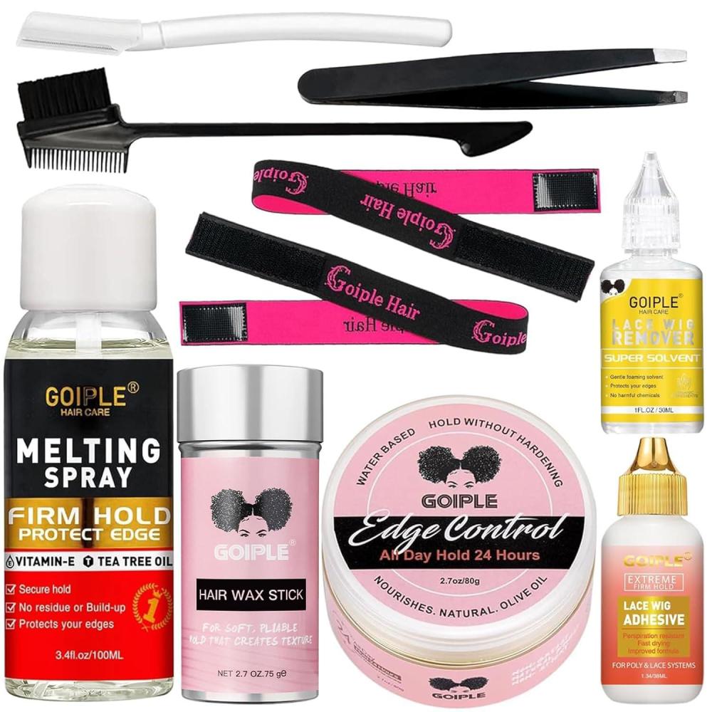 imageWig Glue for Front Wigs Adhesive for Closure Wigs Extensions Lace Melting Spray for Wigs Lace Front Hair Glue Tools with Remover Hair Wax Stick Edge Control Wig Cap Edge Comb Elastic Bnad Setlace glue melting spray kit