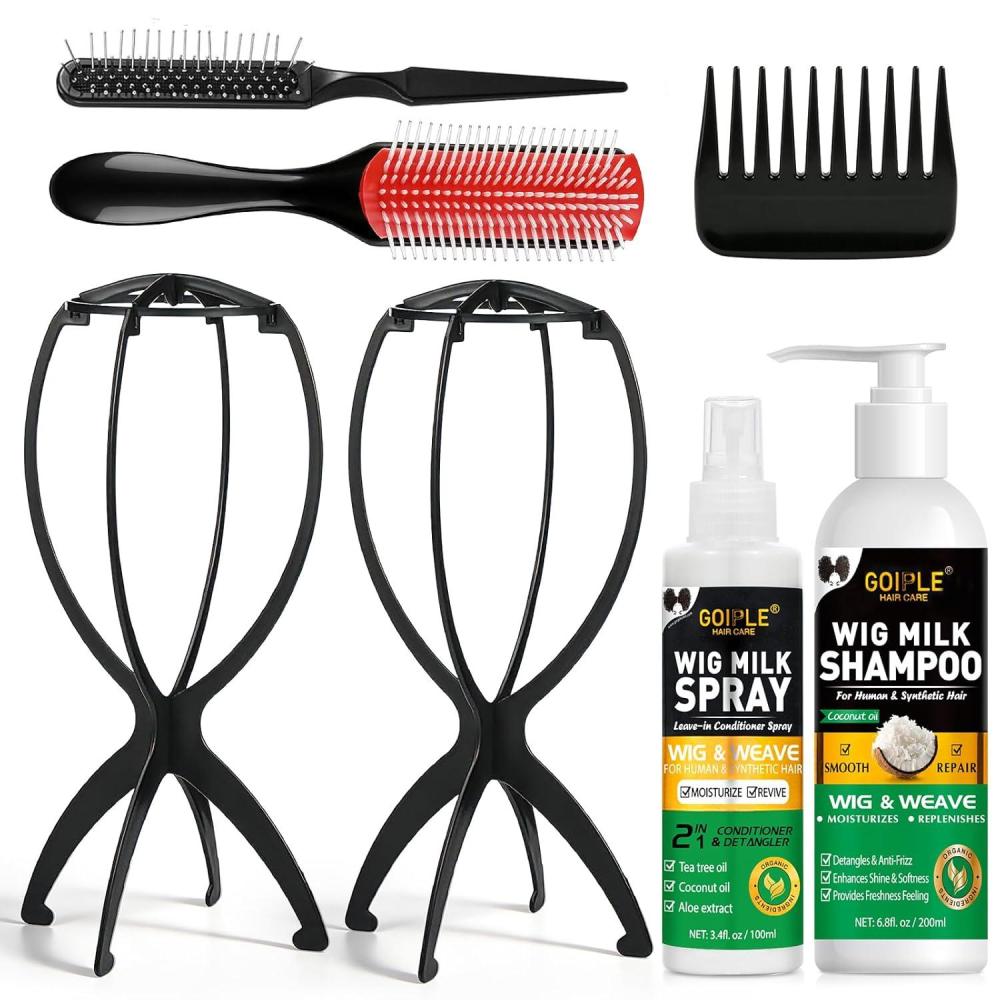 imageWig Head Stand with Wig Brush Comb Set Travel Wigs Holder Comb Set for Women Human and Synthetic Hair  2in 1 Wig Milk Spray amp Shampoo Hydrates amp Moisturizes Promotes Silkiness amp Shine Easy Combing