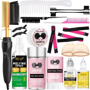 Electric Hot Comb Hair Straightener, Deluxe Electrical Straightening Comb Curling Iron for Natural Black Wigs, Hot Comb Electric for Wigs Pressing Combs with Wig Glue Melting Spray Hair Wax Stick(Gold-12pcs)