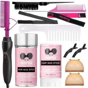Goiple Electric Hot Comb Pink Hair Straightener Electrical Straightening Comb Curling Iron for Natural Black Hair Wigs with Wide Tooth/Rat Tail Comb, Wax Stick, Wig Cap, Edge Band, Hair Clips(Hot Comb-12pcs)