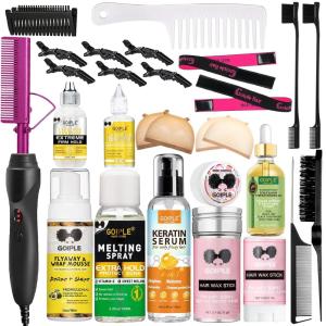 Goiple Electric Hot Comb Pink Hair Straightener Electrical Straightening Comb Curling Iron for Natural Black Hair Wigs with Wide Tooth/Rat Tail Comb, Wax Stick, Wig Cap, Edge Band, Hair Clips(Hot Comb-28pcs)