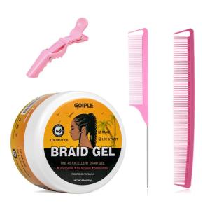 Goiple Strong Hold Braid Gel Good for Twist, Locs, Braids, Edge No Flake Extra Hold High Shine Braiding Gel & Edge Control 8.8oz with Hair Combs(Braid Gel Brush Set)