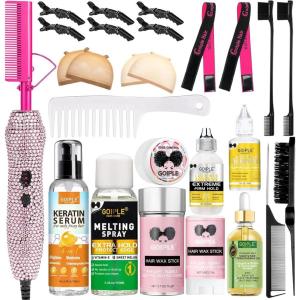 Hot Comb Hair Straightener Set for Lace Front Wigs – Heat Pressing Combs Ceramic Curling Flat Iron Electric Hot Comb for Wigs – Hair Straighteners Straightening Comb for Women Wig Installation Kit(Pink)