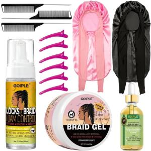 Strong Hold Extra Hold Braiding Gel & Edge Tamer – Tames Frizz, Smoothing Mousse for Twists, Locs, Braids, Cornrows (with Hair Oil, Hair Combs, Bonnet, and Clips)(strawberry-14pcs)