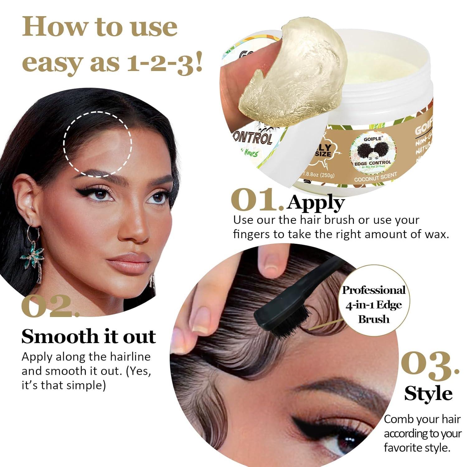 image825 OZ Edge Control Wax for Women Strong Hold Nongreasy Edge Smoother Edge Control for Back Hair Extreme Hold Pack Hair Gel for All Hair Types No Flaking Extra Hold Waterbased Edge Stay Gel Set88oz edge control coconut scent