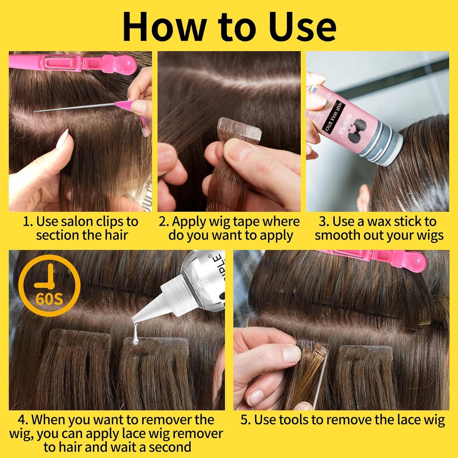 imageWig Tape for Lace Wigs Doublesided Waterproof Lace Tape Adhsive Strips for Lace Front Wig Toupee Hairpiece Tape in Extension Remover Hair Glue Remover Fast Acting Hair Extensions Remover Setwig tape remover set