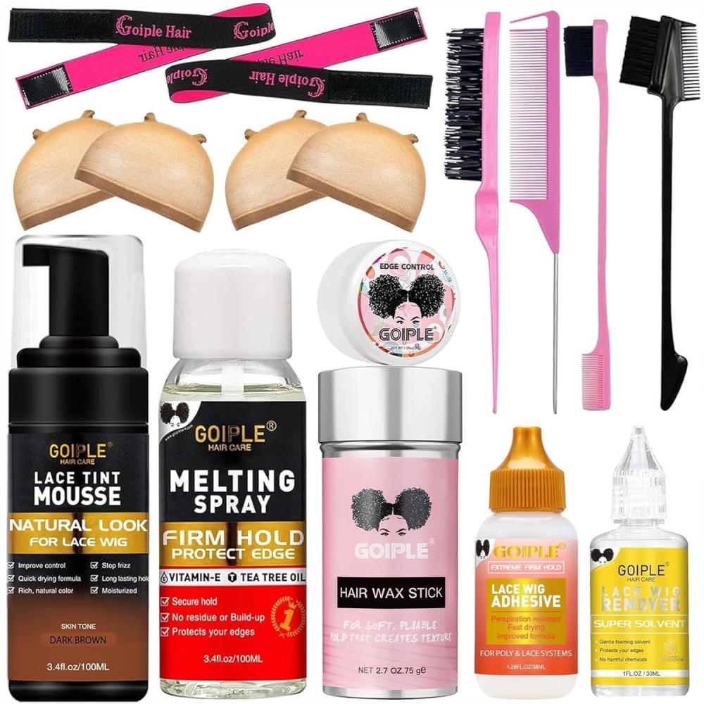 imageLace Glue Kit Complete Set with Lace Tint Mousse Lace Melting Spray Wig Glue for Womens Wigs and Hairpieces  Wig Installation Kit amp Tape in Extension Rmover amp Cap Dark BrownDark brown16pcs