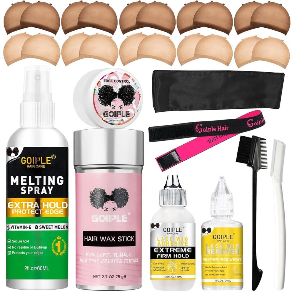 imageWig Accessory Essentials Kit Lace Front Wig Glue amp Remover Wig Caps Elastic Band Hair Wax Stick Edge Control Edge Brush Hair Shear Dermaplanning Razor Tool and Edge Scarf 10PCSwig glue kit29pcs