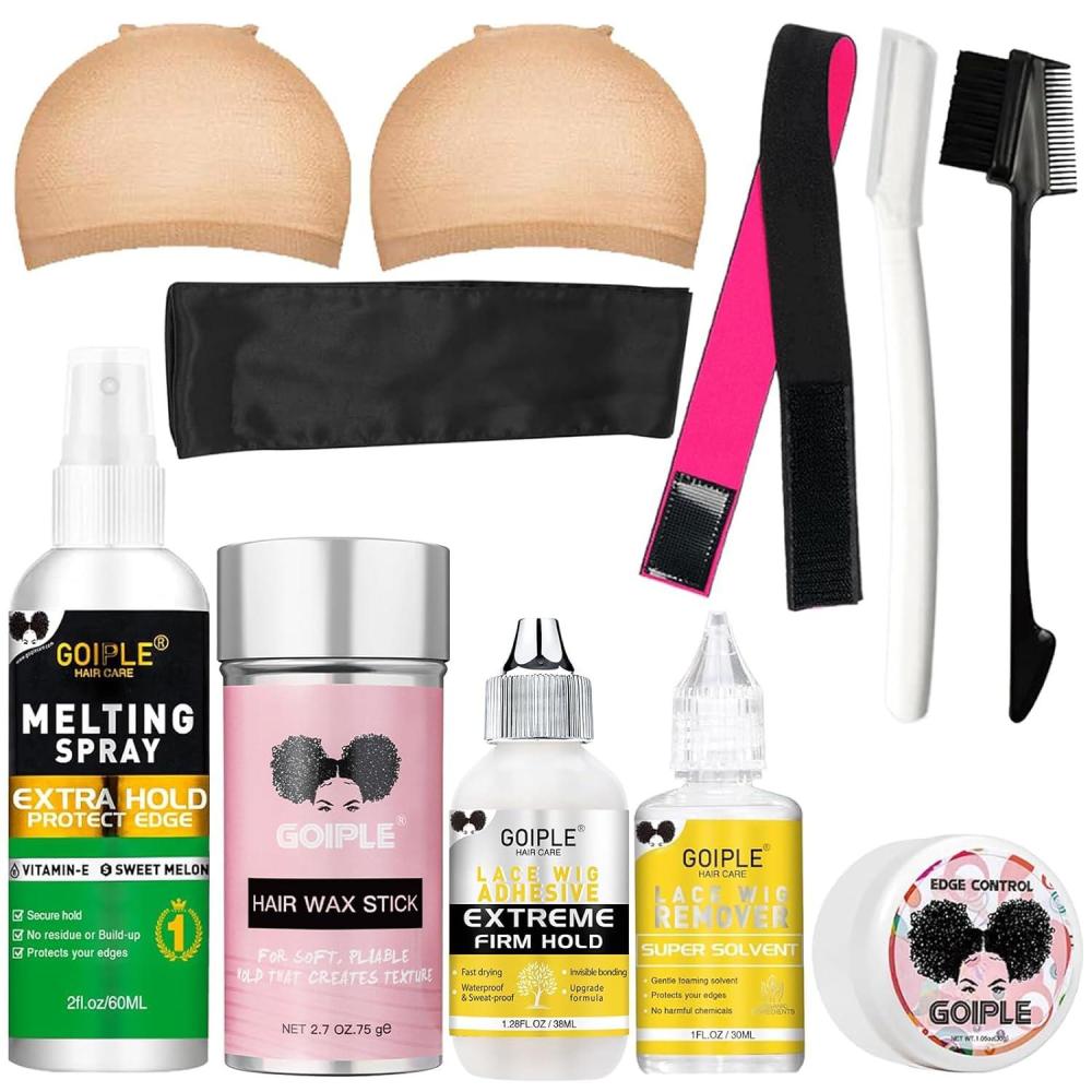 imageWig Accessory Essentials Kit Lace Front Wig Glue amp Remover Wig Caps Elastic Band Hair Wax Stick Edge Control Edge Brush Hair Shear Dermaplanning Razor Tool and Edge Scarf  10PCSPink