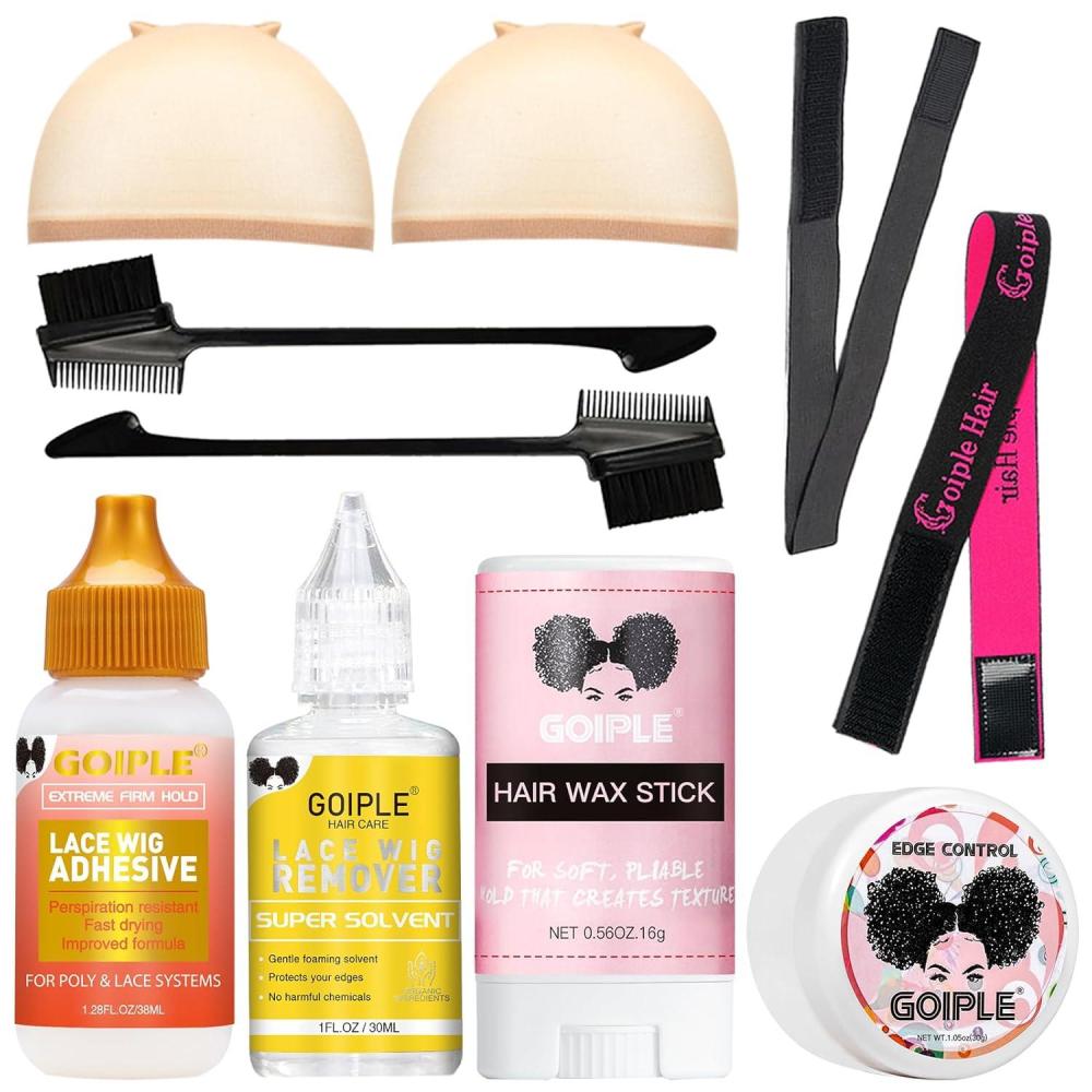 imageWig Accessory Essentials Kit Lace Front Wig Glue amp Remover Wig Caps Elastic Band Hair Wax Stick Edge Control Edge Brush Hair Shear Dermaplanning Razor Tool and Edge Scarf  10PCSwig glue kit6pcs